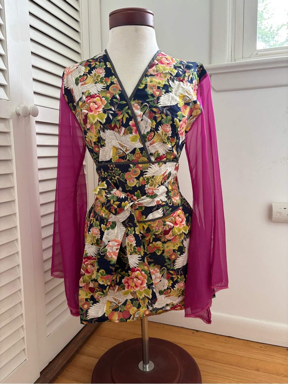 Floral Crane Wrap Mini Dress with Fuchsia Sheer Sleeves